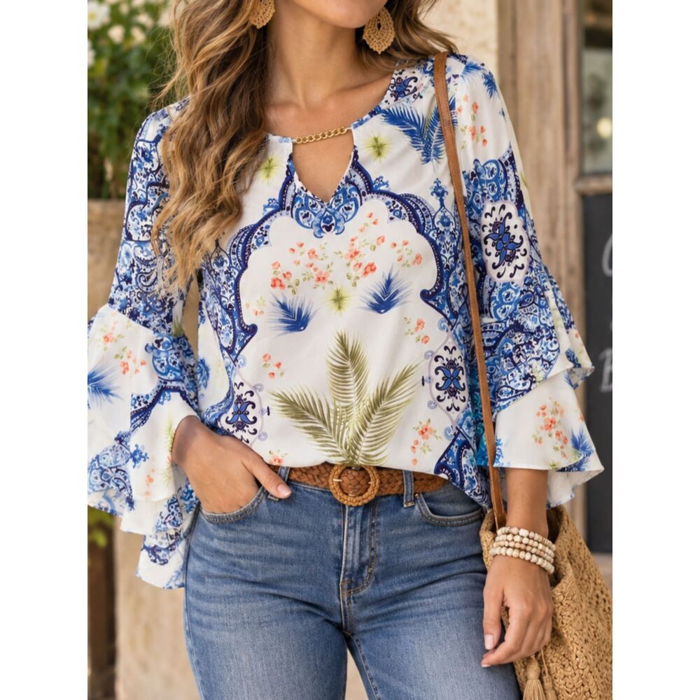 Bold Elements XS Paisley Floral Bell Sleeve Blouse Gold Chain Boho Top